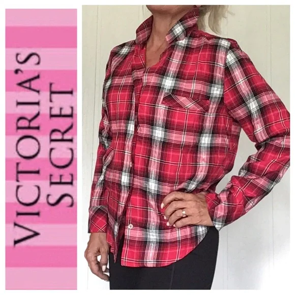 VICTORIAS SECRET PLAID FLANNEL PAJAMA SLEEP TOP MEDIUM - Picture 2 of 11